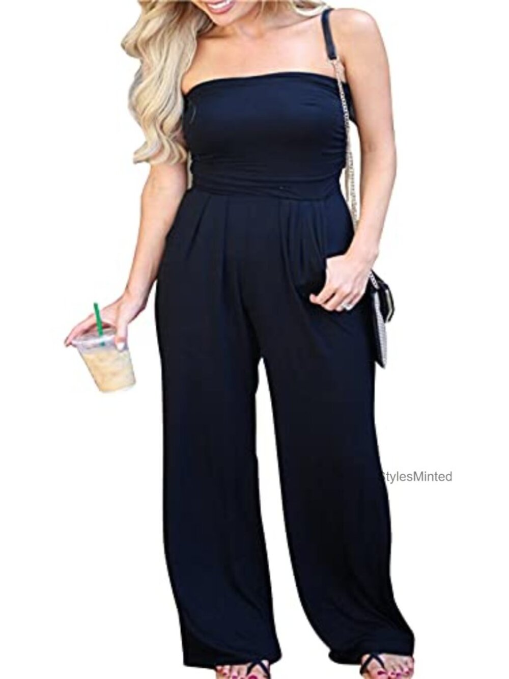 Women's Strapless Tube Top Jumpsuit Wide Leg Long Pants One Piece with Pockets